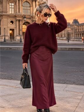 a new day Burgundy Satin Maxi Skirt